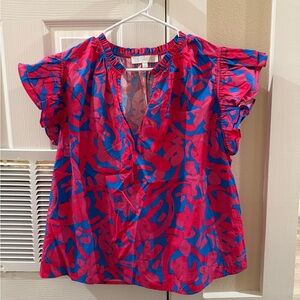 Sugarlips Yeraldi Berry Risette Ruffle Neck Top in Cerulean-Pink - Size XL